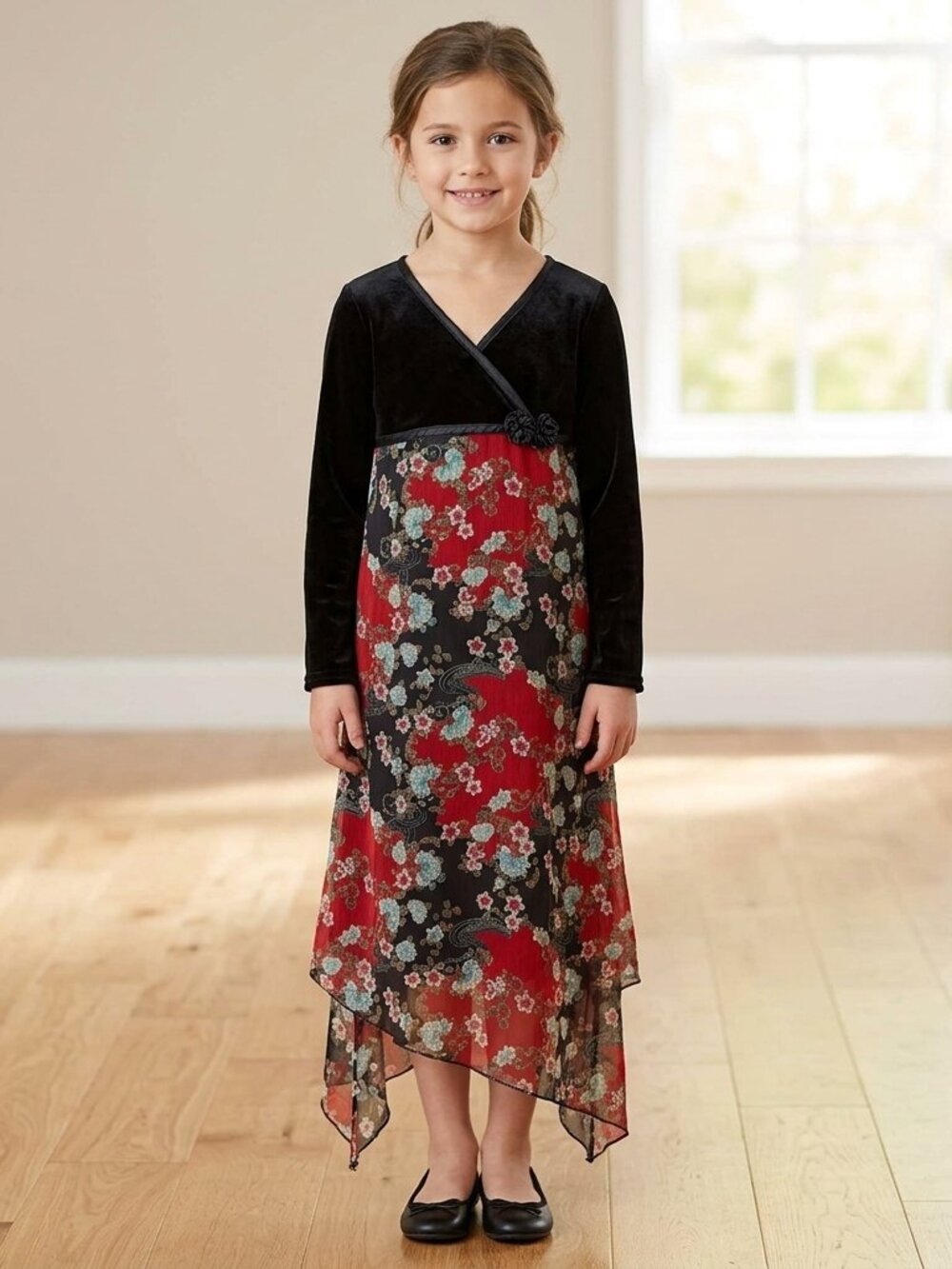 🐲3 FOR $9🦄 Zoey Long Sleeve Velvet Faux Wrap Uneven SharkBite Hem Asian Dress